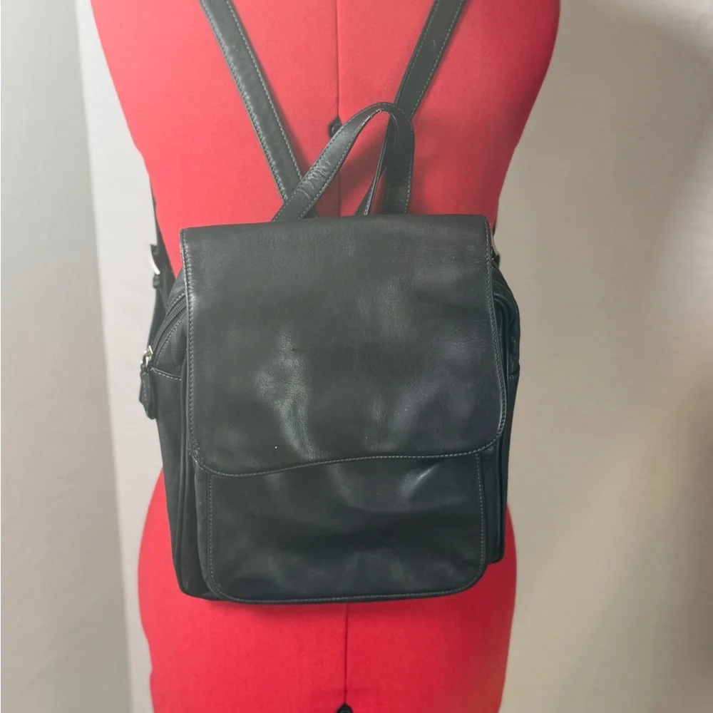 Tignanello Black Leather Backpack Multiple Pockets Top Handle Adjustable Straps